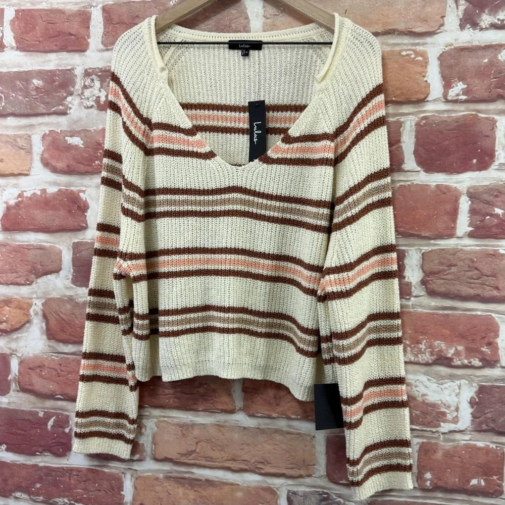Lulus Sweater Women's M Cream Multicolor Striped Cropped Casual Knit Popover